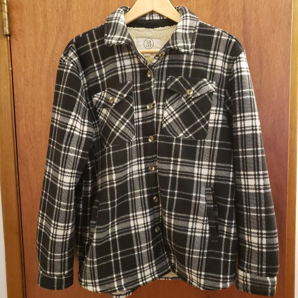 Sage Collective Womens Black and White Plaid Button-Up Sherpa LinedJacket Size L